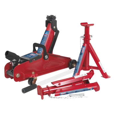Sealey Trolley Jack 2tonne Short Chassis with Axle Stands (Pair) 1tonne Capacity per Stand & Storage Case